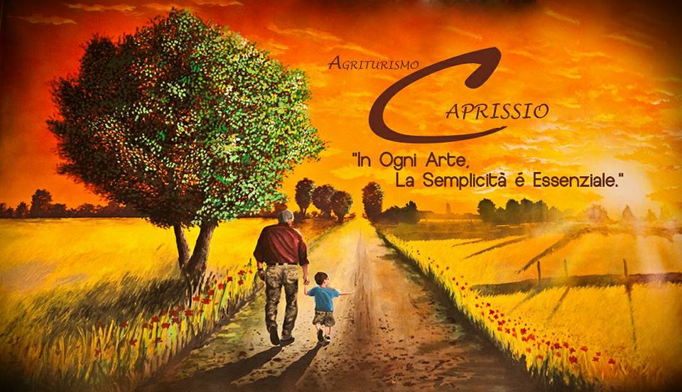 L'immagine mostra un dipinto che raffigura un nonno e una bambina che camminano, tenendosi per mano, in aperta campagna verso il tramonto: simboleggia la semplicità e altri valori importanti per l'Agriturismo sul Delta del Po Caprissio.